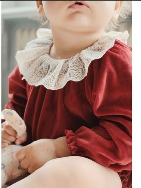 Konges Slojd 9 Months Burgundy Velvet Romper with White Lace Collar